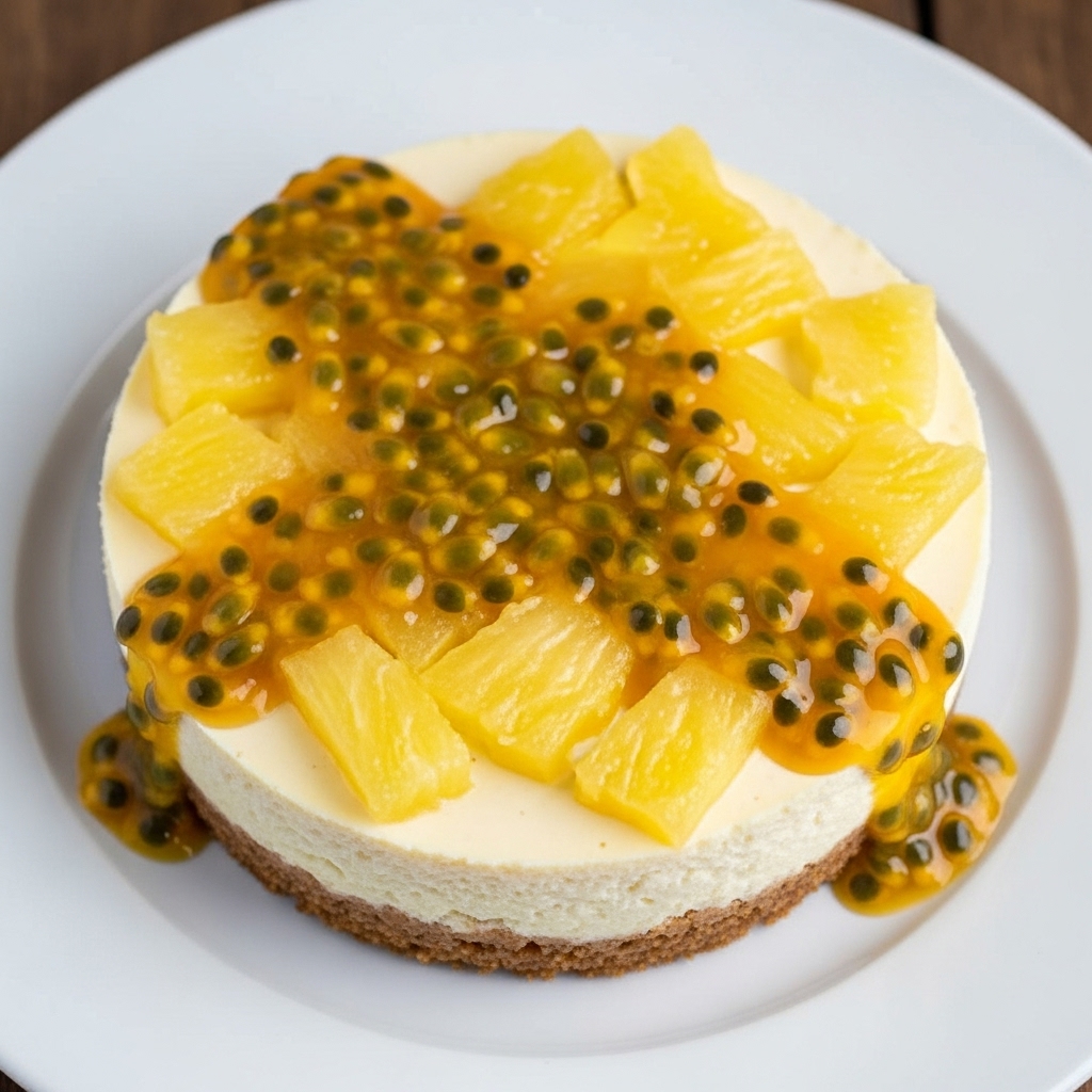 Brazilian Abaçá Cheesecake with Passion Fruit Coulis